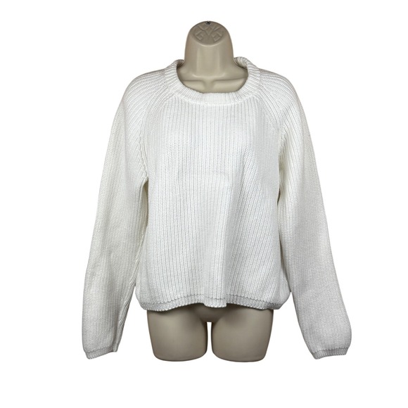 Quince Sweaters - Quince Womens White 100% Organic Cotton Fisherman Sweater Size L Preppy Classic